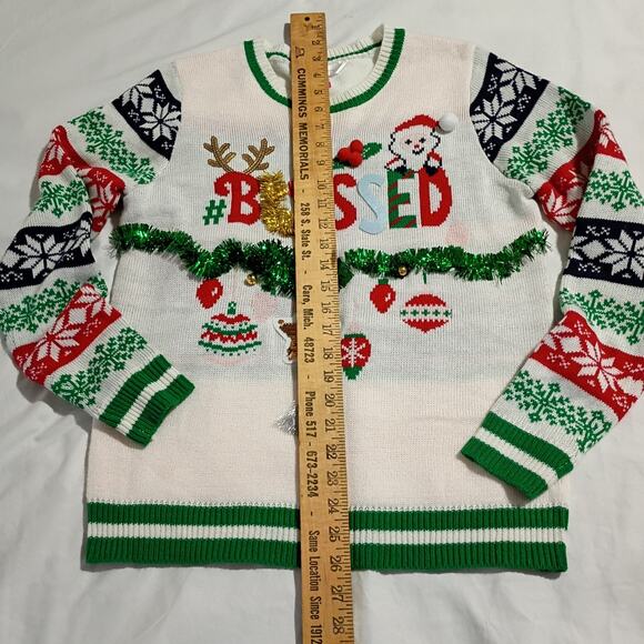 Ugly Christmas Sweater Kids L (11-13) BLESSED 3D Garland Sequins PomPoms - Picture 5 of 9